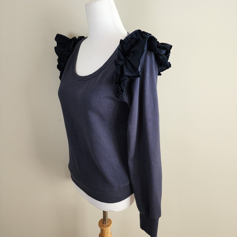NATION LTD Esther Sweatshirt Ruffle Shoulder Womens XS‎ Navy Feminine French Top - Picture 2 of 14